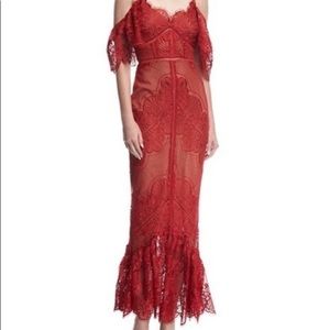 Marchesa Notte red off the shoulder lace gown